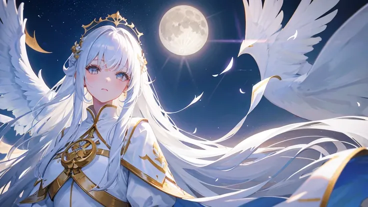 girl with white long hair, bangs, white eyes, judge girl, long white royal clothes, white wings, moon and sky, 8k resolution, detail