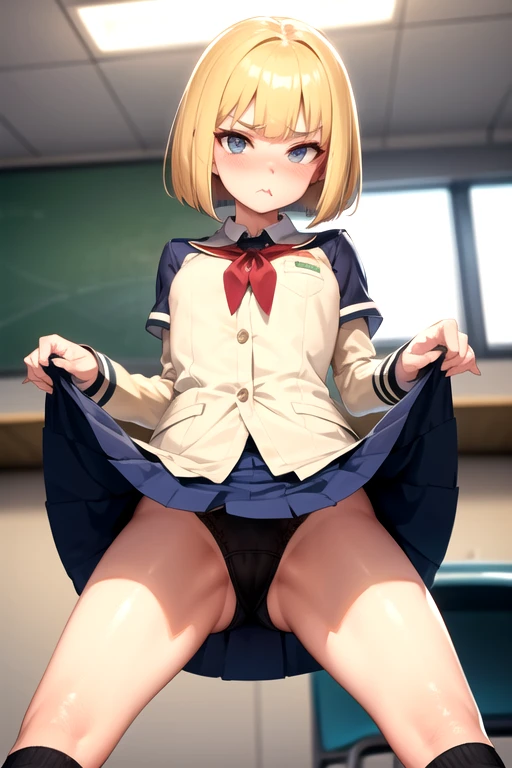 4K,woman,stare,Pouting,Layered Bob,Golden Hair,uniform,Knee-high socks,Medium chest,Spread your legs,Lift your legs,classroom,From below,Browsing Caution,underwear