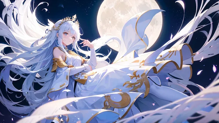 girl with white long hair, bangs, white eyes, judge girl, long white royal clothes, moon and sky, 8k resolution, detail, white wings