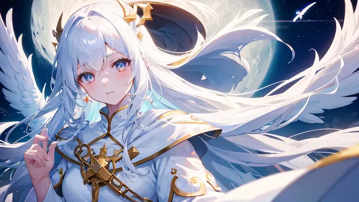 girl with white long hair, bangs, white eyes, judge girl, long white royal clothes, moon and sky, 8k resolution, detail, white wings