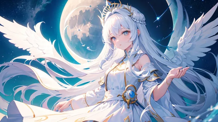 girl with white long hair, bangs, white eyes, judge girl, long white royal clothes, moon and sky, 8k resolution, detail, white wings