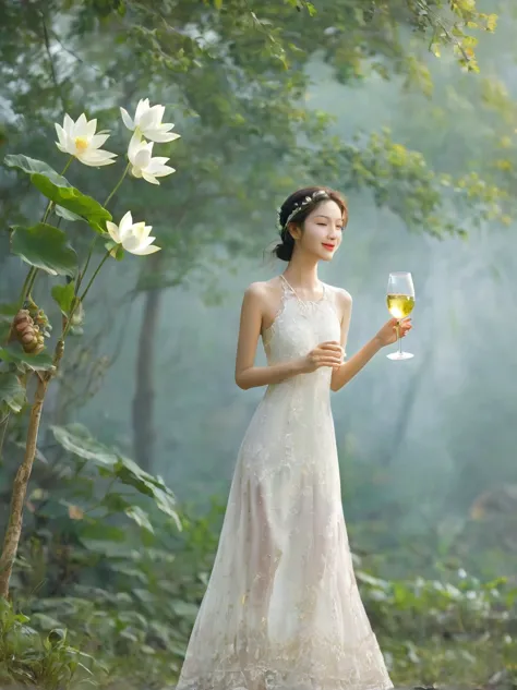 at dusk，the goddess of wine is hidden in the forest of flowers and trees，wearing a white lace opaque dress，there is a pure white...