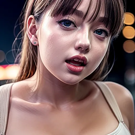 masterpiece of professional Analog photo, realistic and photorealistic with touch of rawness, (a close-up portrait of a woman wearing thongs on a city street), Dusk violet Sky, intricate lighting effects with light particles, (many colorful lights dazzling...