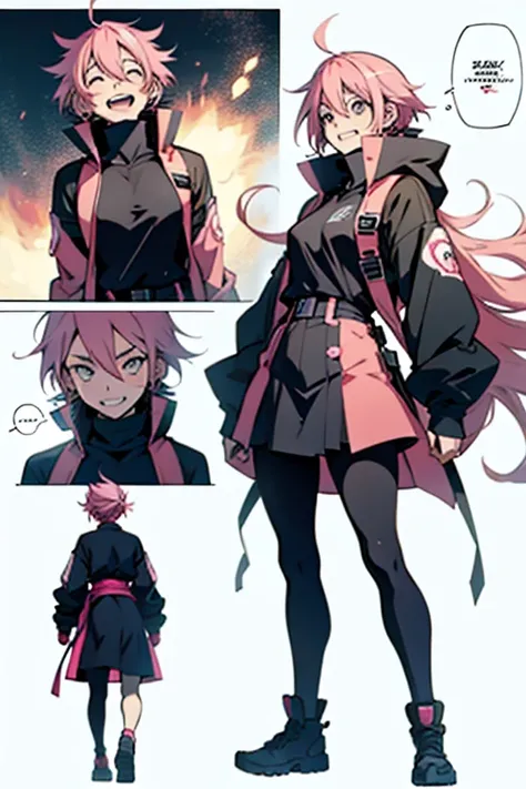 Anime girl with pink hair, laughing in insanity and fighting, full body shots,  manga page with panels and dialogue 