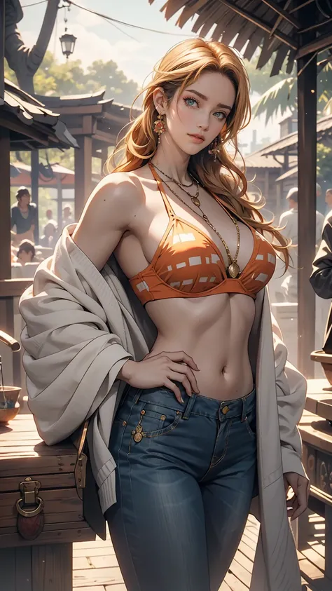 Very beautiful Nami (one piece), Subtle makeup, Moneyen hour, Realistic, High Contrast, 8K HD, detailed, hyper-detailed, Realistic skin texture, orange long hair, Bikini top only, Blue pants, Large Breasts, highest quality, Ultra-high resolution, RAW Photo...