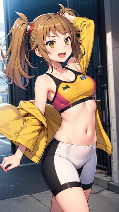 masterpiece, best quality, highres, 1girl, solo, split hair color, brown hair, orange hair, hoshino fumina, yellow jacket, open jacket, sports bra, bike shorts, midriff, sazaki kaoruko, twintails, hair ornament, happy, dancing cowbow shot, city street