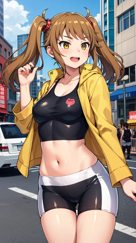 masterpiece, best quality, highres, 1girl, solo, split hair color, brown hair, orange hair, hoshino fumina, yellow jacket, open jacket, sports bra, bike shorts, midriff, sazaki kaoruko, twintails, hair ornament, happy, dancing cowbow shot, city street