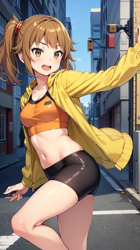 masterpiece, best quality, highres, 1girl, solo, split hair color, brown hair, orange hair, hoshino fumina, yellow jacket, open jacket, sports bra, bike shorts, midriff, sazaki kaoruko, twintails, hair ornament, happy, dancing cowbow shot, city street