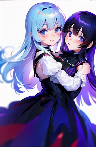 Two anime girls in dress hugging each other in front of a white background