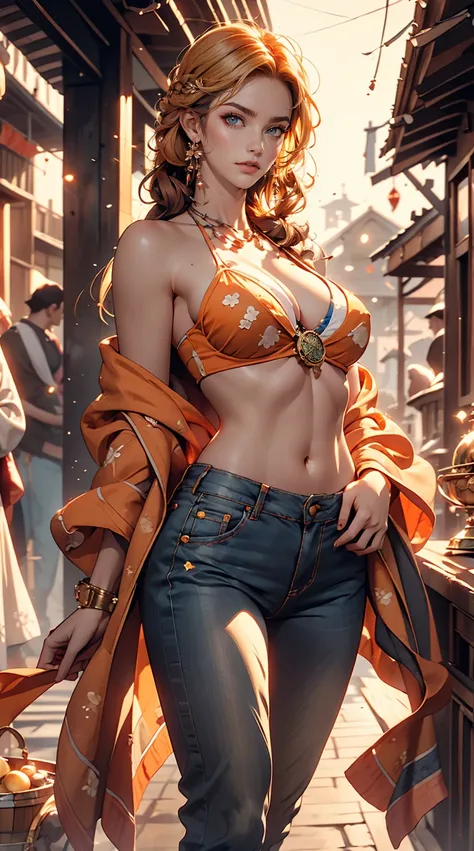 Very beautiful Nami (one piece), Subtle makeup, Moneyen hour, Realistic, High Contrast, 8K HD, detailed, hyper-detailed, Realistic skin texture, orange long hair, Bikini top only, Blue pants, Large Breasts, highest quality, Ultra-high resolution, RAW Photo...