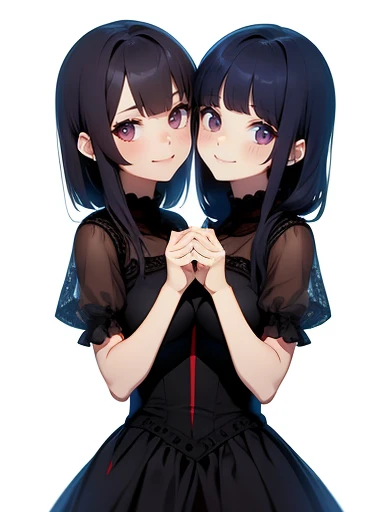 high quality, Two anime girls in dress hugging each other in front of a white background, highres, 8k, (Two heads/torsos), 1girl,