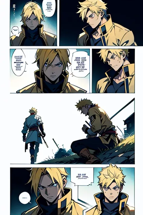 Anime guy with blonde hair, defeated in battle, full body shots, manga page with panels and dialogue 