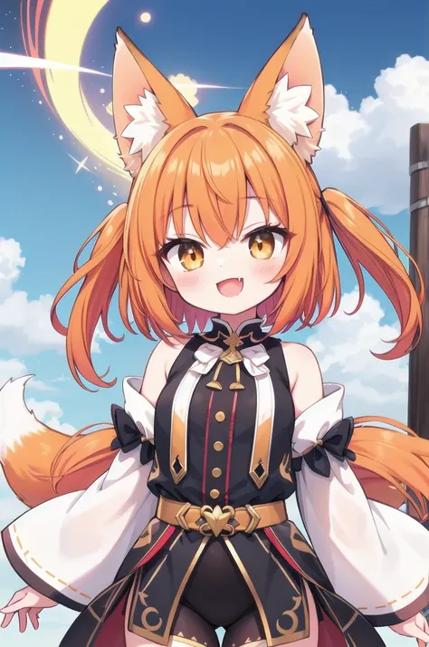 fox girl, cute , smile, outfit random, orange hair, a fang, spiritual aura,