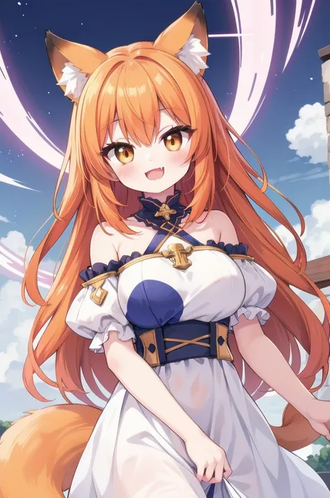 fox girl, cute , smile, outfit random, orange hair, a fang, spiritual aura, cute white long dress
