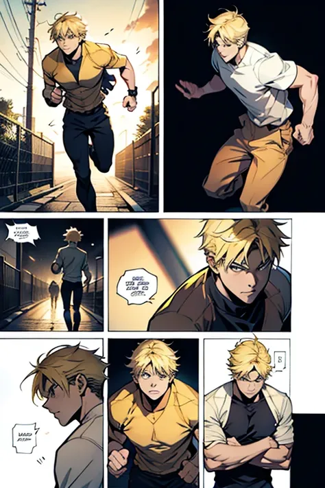 Blonde guy running, manga page with panels and dialogue 