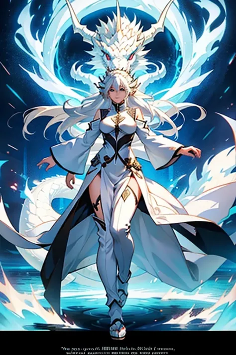 Girl with long white hair letting the white dragon out of her soul, full body shots, manga page with panels and dialogue 