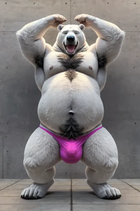 Overweight polar bear、Polar bear fur、Belly rubbing pose、Pose with one leg raised、Fat-filled abdomen、Profile of face、Side view、Extremely large bulging crotch underwear、Male genitalia outline、Lots of pubic hair、Very long armpit hair、Thick chest hair、Composit...