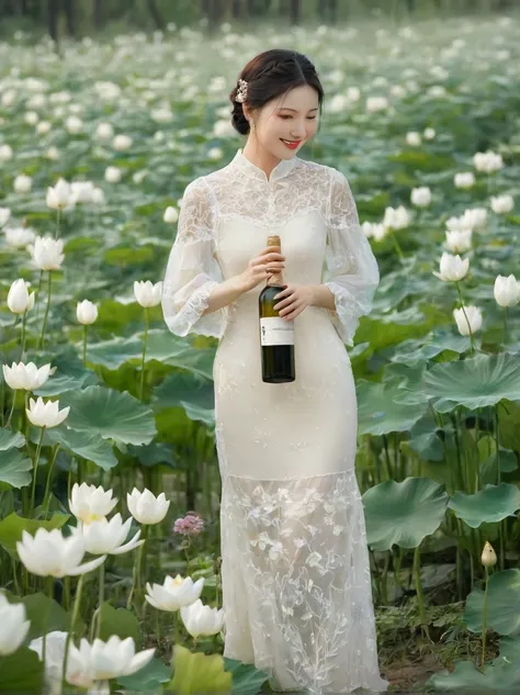 at dusk，the goddess of wine is hidden in the forest of flowers and trees，wearing a white lace opaque dress，there is a pure white...