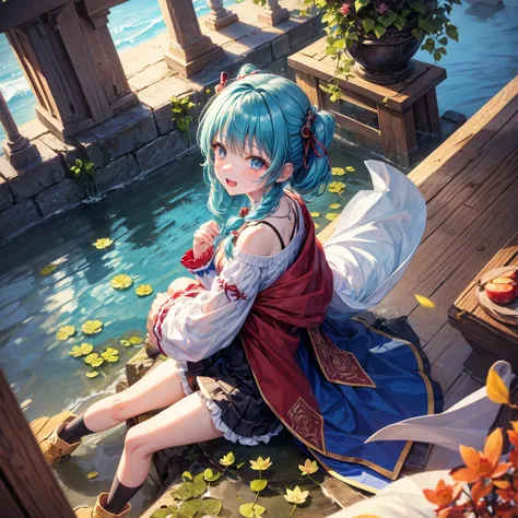 Aqua blue hair、Golden Eyes、Braid、One good looking girl、solo、anime、Checkered mini skirt、Ruffles on the skirt、Red T-shirt、Cape、Gothic、Black knee-high socks、bandana、Fluffy clothes、Wearing a ribbon、Ribbon on waist、Tilting face、Teeth are visible、Sunset sky、Pier...