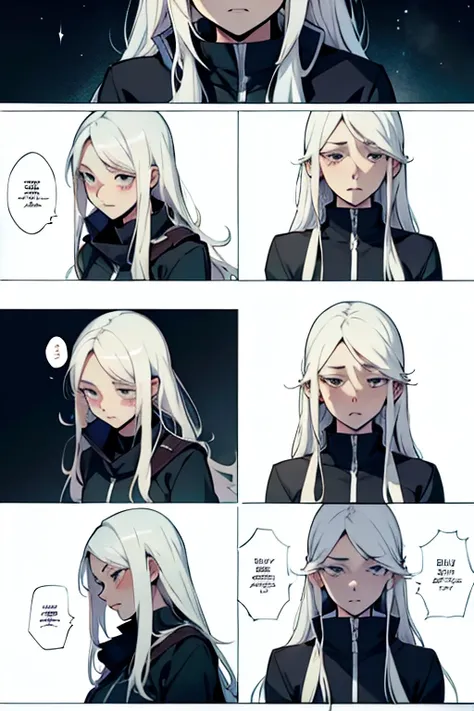 Girl with long white hair crying, detailed expression, manga page with panels and dialogue 