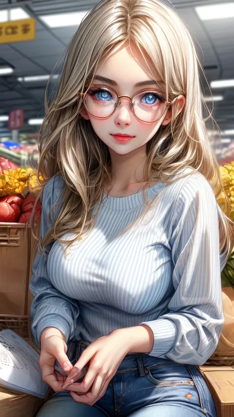 1young woman, very pretty, shy, big shiny eyes, thin upturned nose, glasses, very sweet face, (nice body),(nice large breasts),(nice hands), wearing a light unbottoned blue blouse with thin white stripes, jeans, sitting at a supermarket checkout were she w...