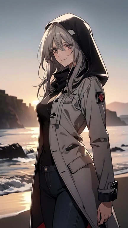 (Confused, High resolution, Very detailed), 1 female, Silver Hair,Long Hair,Reddish brown eyes,boots,Wearing a hood,Long coat,Skinny jeans,Black and white pilot suit,,Small breasts,26 years old,Beautiful woman,Adult female,,thin,quiet,Calm,A shy little smi...