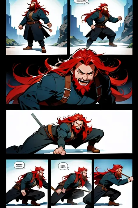 Guy with long red hair and a beard fighting and laughing, full body positions, manga page with panels and dialogue 