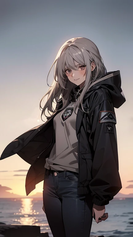 (Confused, High resolution, Very detailed), 1 female, Silver Hair,Long Hair,Reddish brown eyes,boots,Wearing a hood,Long coat,Skinny jeans,Black and white pilot suit,,Small breasts,26 years old,Beautiful woman,Adult female,,thin,quiet,Calm,A shy little smi...