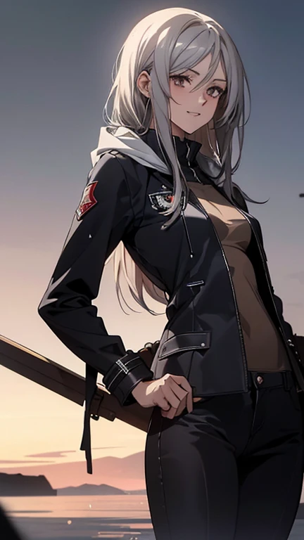 (Confused, High resolution, Very detailed), 1 female, Silver Hair,Long Hair,Reddish brown eyes,boots,Wearing a hood,Navy Long Coat,Black skinny jeans,Black and white pilot suit,,Small breasts,24-years-old,Beautiful woman,Adult female,,thin,quiet,Calm,A sma...