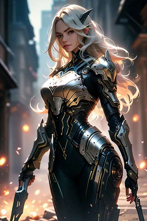 sensual girl, cabelos brancos e curtos, corpo completamente coberto por uma armadura de RPG assassino medieval, design de warframe como,seio grandes, espartilho, Punhais, mascarar, sensual, complicado, olhos vermelho, silver pants with black leather, corpo...