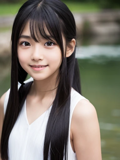 6 year old girl、、Small breasts、Black Hair、Iris、Straight Hair、ponytail、White dress、whole body、Are standing、Small face、Clean eyes、Small Mouth、evening、Riverbank、high resolution、8k、highest quality、超high resolution、Realistic、1 person、Young face、Flat chested、A b...