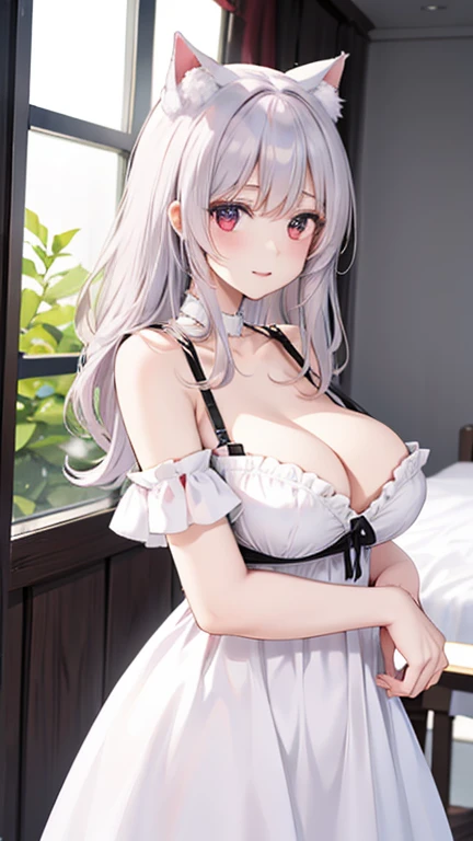 best quality　high resolution　one young pretty woman　red eyes　white hair  medium perm　cute soft girl　Cat ear dragon girl cosplay　breastfeeding service　The medium breasts  with amazing charm　gasp　incest　Estrus face, (wearing dress:1.5) smile 