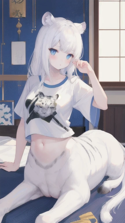 (best quality, masterpiece), 1 girl, centaur, It takes,White skin, Japanese teenage , belly button t-shirt, 아름다운 소녀 perfect white tiger photo, perfect white tiger photo