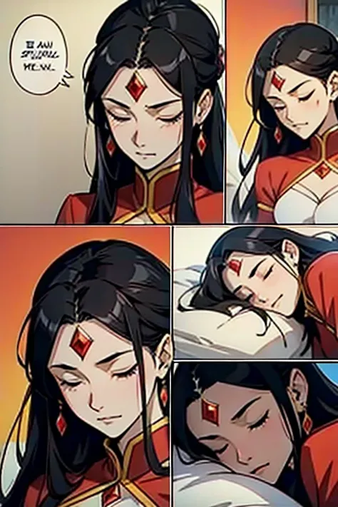 Empress with black hair and red diamond on forehead sleeping, manga page with panels and dialogue