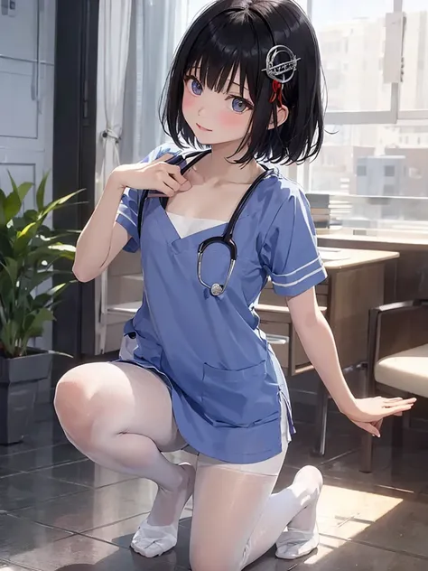 masterpiece, best quality, solo, flat chest, scrubs, (white pantyhose), hair_ornament, short_hair, black_hair, black_eyes, crotc...