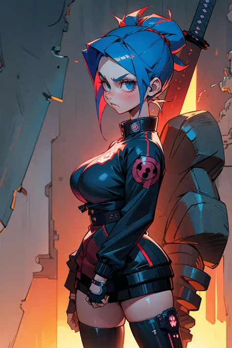 a girl
Wearing a power fist on the right hand
Holding a cyberpunk sword in his right hand
red blue punk head
big breasts
cyberpunk shirt jacket
Standing alone in a corner of the sci-fi city
Japanese anime style
role conception
Front view Side view