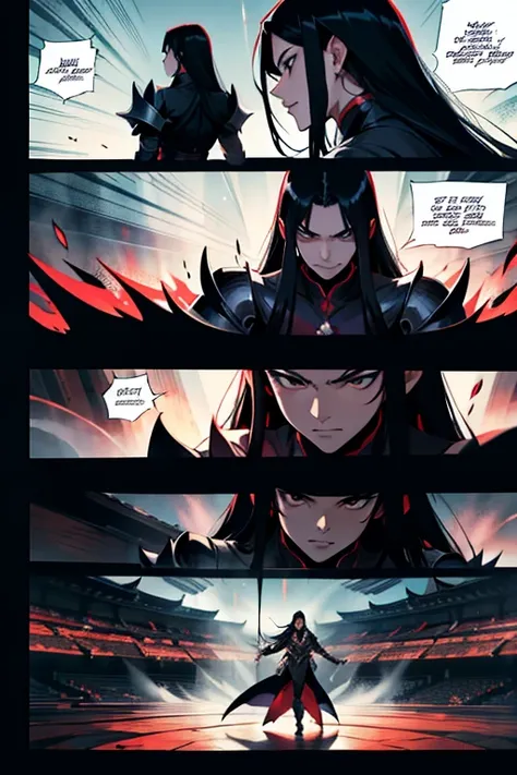 Evil Emperor with long black hair, fighting, full body shots, manga page with panels and dialogue