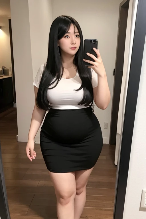 A 30-year-old woman with long black hair and a slightly chubby figure、Selfie taken at home