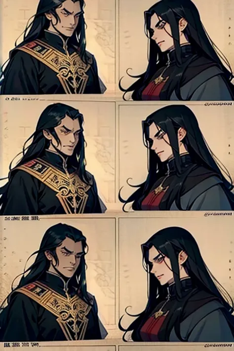 evil, old emperor with long black hair, manga page with panels and dialogue