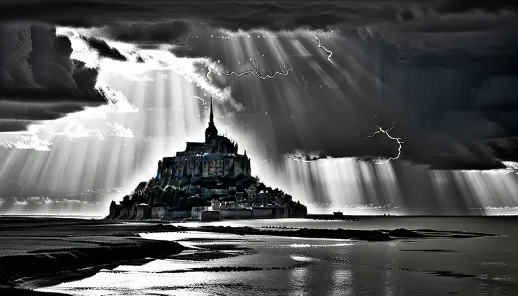 Le Mont-Saint-Michel lies in the storm, dramatic clouds through which the sun shines, strum, gout, cinematic lightning, 