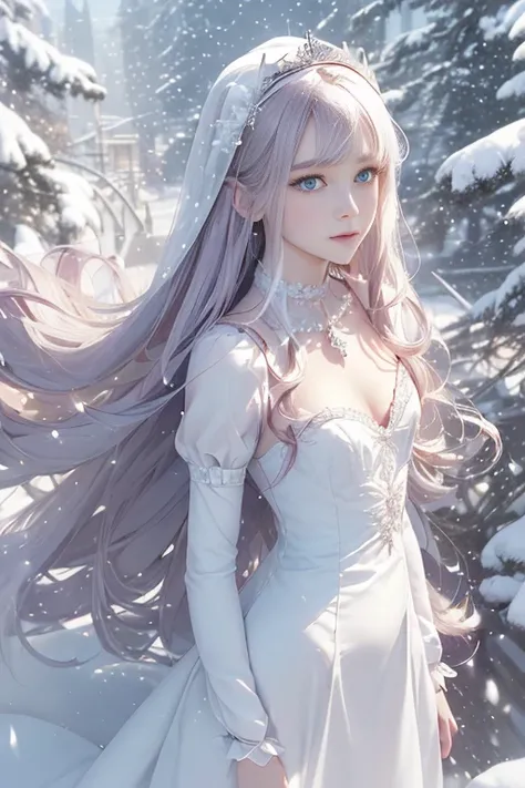 ((Highest quality))((Delicate details))((Slender girl))((Highest quality))Snow White、Princess、((Distinguished adult woman))、Late Night、((Small breasts))White long dress、((Powdery snow weather))((White garter stockings))((Giant snow castle))Snowfield、((Stan...