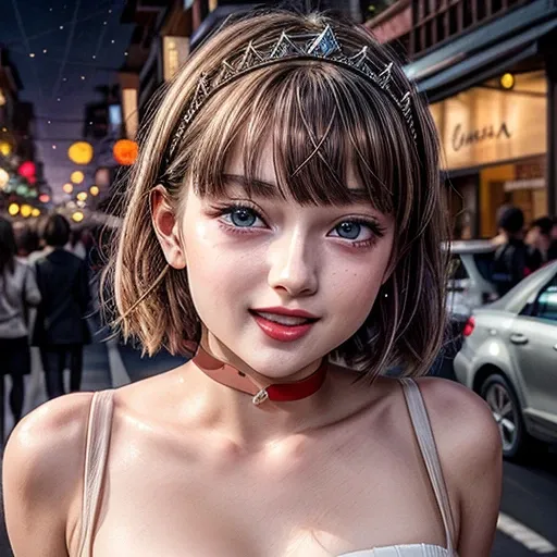 masterpiece of professional Analog photo, realistic and photorealistic with touch of rawness, (a close-up portrait of a tiny princess wearing white thongs on a city street), Dusk violet Sky, intricate lighting effects with light particles, (many colorful l...