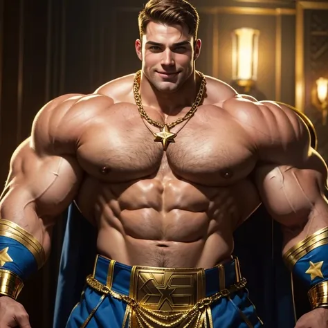 Dressed as Captain America a very handsome, sweet and truly massive monster Caucasian bodybuilder is showing off his huge bicep muscles and meaty thighs. Smiling young adult. brown hair, powerfully muscled, massive shoulders and biceps. well-defined six pa...