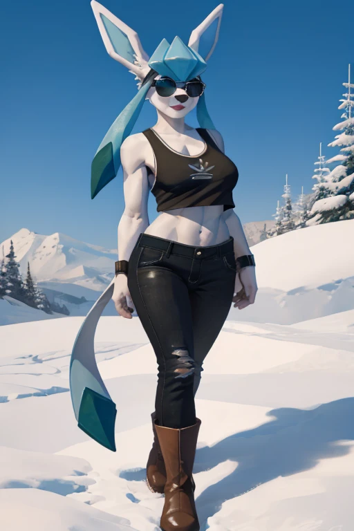 ((Glaceon)), anthropomorphic, large breasts, big butt, pokemorph, (((1girl))), (((pink cropped tank top))), (black denim jeans), (white winter jacket), (brown boots), full body, cute and sexy, icy blue skin, (half frame sunglasses), long slender legs, smil...