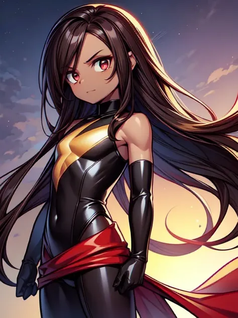 dark skin, male, flat chest, (((very long dark brown hair))), big red eyes and a very androgynous appearance, wearing ms. marvel...