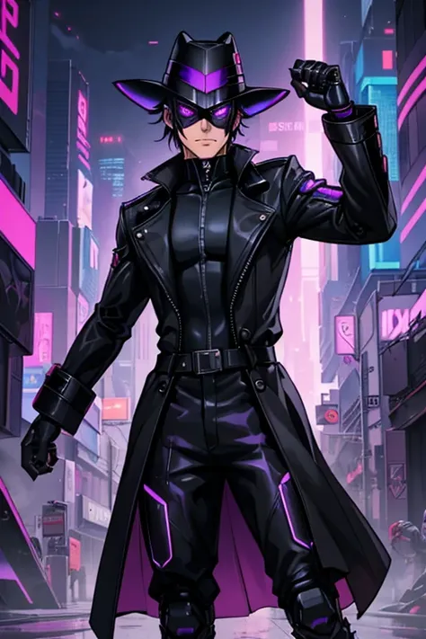 male, purple eyes, black hair, (((1boy))), (((black cyberpunk bodysuit))), (black trench coat), (black wide brimmed hat), (black cybernetic gauntlets), (black cybernetic boots), (black belt), (metal mask), long legs