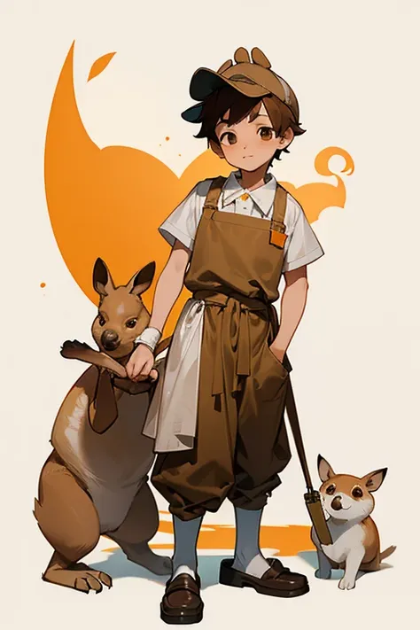 12 year old boy, Brown hair, brown eyes, full body, kangaroo cap, kangaroo apron, white shirt, orange trouser, kangaroo slippers, nurseryboy, milk bottle, diapers, pacifier,