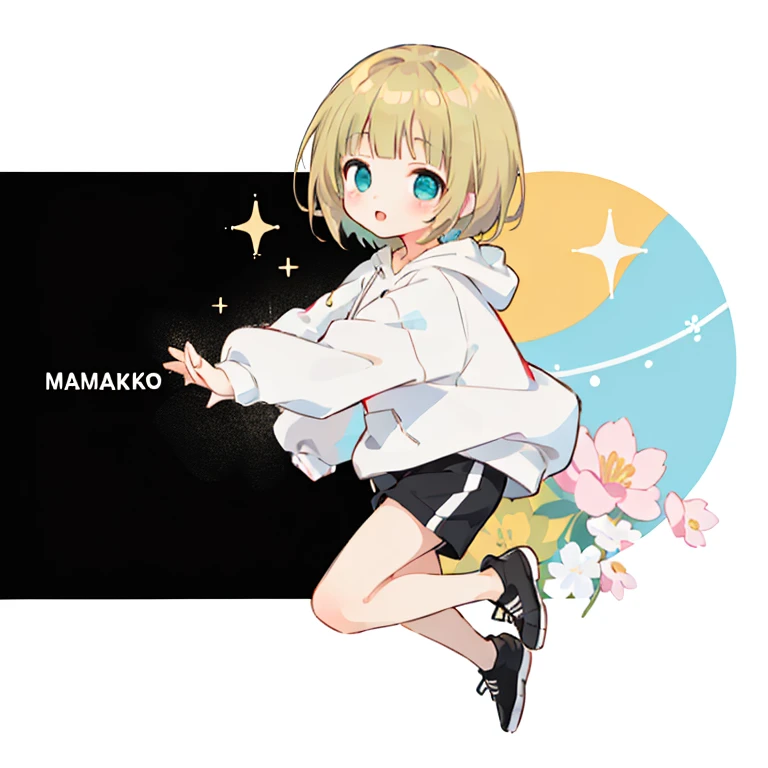 Momoko Sakura style, Kawaii Design, 、The most beautiful girl of all time、Little, Blonde Hair、Short Mash Hair、The front hair is even、Turquoise Eyes、White hoodie、Black hot pants、Black sneakers、