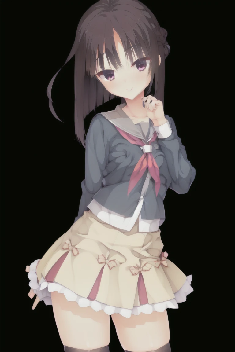 1girl,solo,looking_at_viewer,blush,smile,short_hair,bangs,skirt,black_hair,thighhighs,long_sleeves,closed_mouth,school_uniform,purple_eyes,full_body,pleated_skirt,shoes,serafuku,black_thighhighs,sailor_collar,zettai_ryouiki,neckerchief,hand_on_hip,brown_fo...