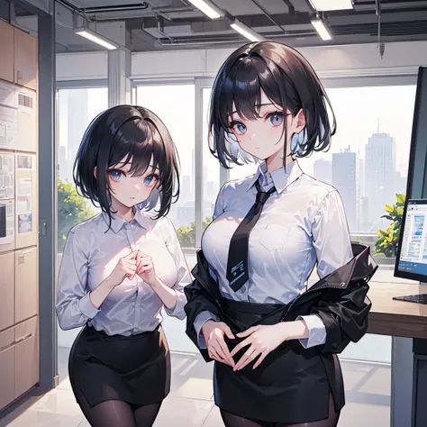 (((Best quality, 8k, Masterpiece: 1.3)), ((best quality)), ((masterpiece)), (detailed), woman、Black Hair、short hair、business suit、black tights、Office Lady、office